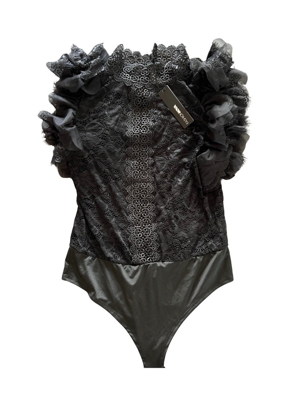 Fashion Nova Lace Ruffle Black Bodysuit NWT 1x